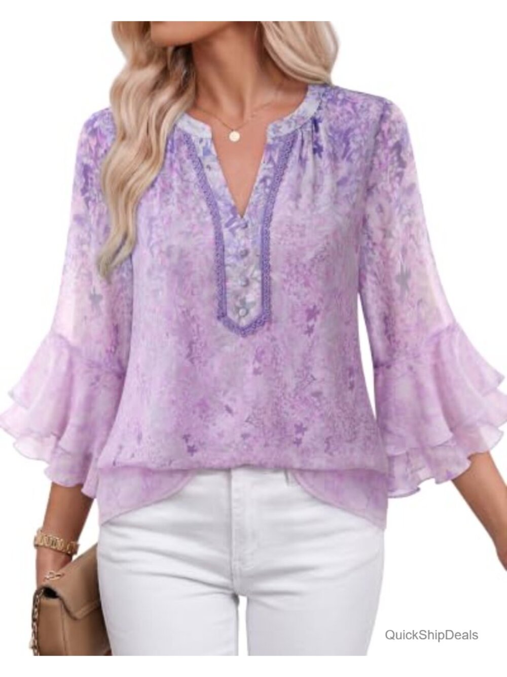 Womens Embroidered V Neck Ruffle Sleeve Chiffon Blouse Layered Dressy Top
